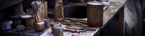 Preview: anner 4x1 for websites, social network, typography artist's workshop with workbench, paints, brushes