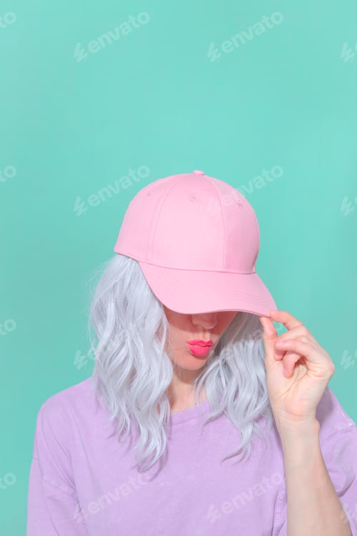 Preview: Fashion aesthetic blonde girl in trendy summer accessories. Pink cap Vanilla Pastel colours outfit