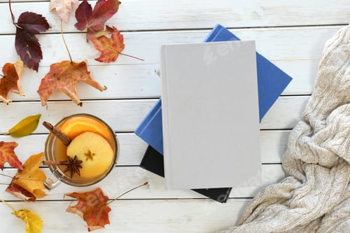 Preview: Autumn blank book cover mock up flat lay with cider cozy blanket - for book club, new release