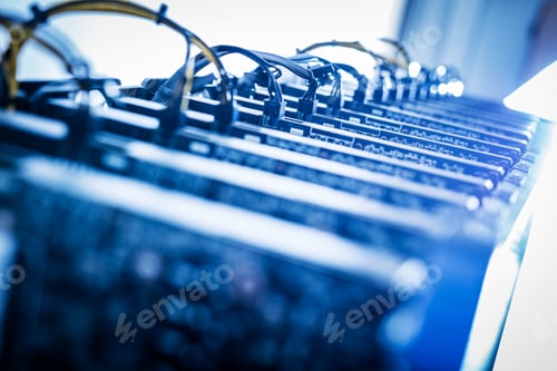 Preview: Bitcoin miners standing in a row.