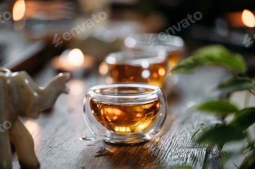 Preview: Beautiful chinese tea in teacup with candle flame decoration