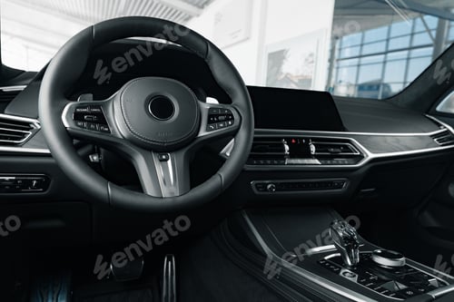 Preview: Steering wheel of a new luxury car