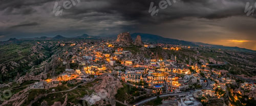 Preview: Cappadocia and uchisar castle during sunset with dramatic clouds panorama
