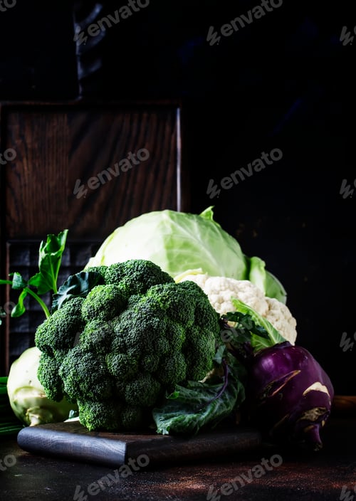Preview: Different kinds of cabbage such as white cabbage, cauliflower, broccoli, kohlrabi