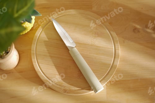 Preview: Modern kitchen knife placed on a wooden cutting board under sunlight