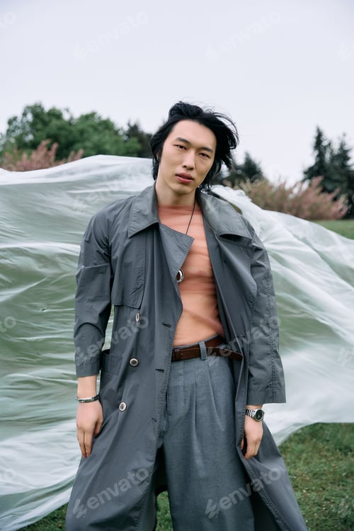 Preview: Stylish young man in grey trench coat poses gracefully in a serene park setting