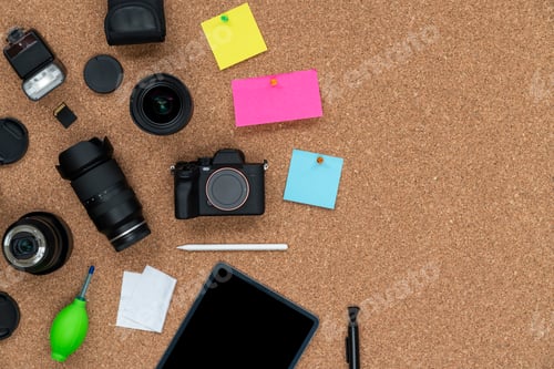 Preview: Cork board background with some photography objects and accessories.