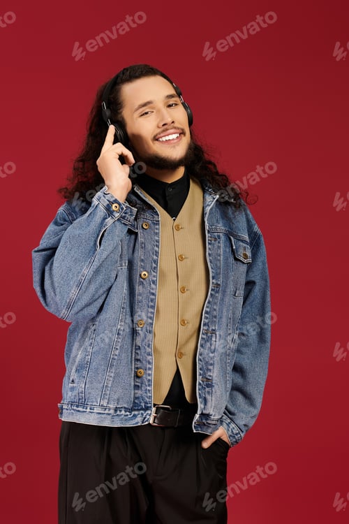 Preview: Charming young man with beard enjoying music in casual attire against a vibrant backdrop