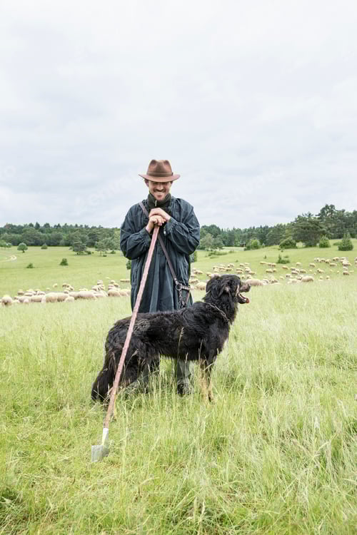 Preview: Portrait of farmer and sheepdog