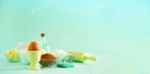 Preview: Banner. Bakery food frame, cooking concept. Different baking ingredients - butter, sugar, flour