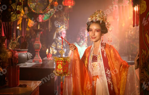 Preview: Portrait of a Chinese woman with a hand lantern In sacred shrines or temples,