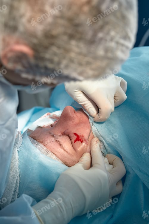 Preview: Close up of the face of a patient who is undergoing blepharoplasty. The surgeon cuts the eyelid and