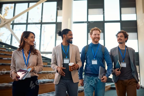 Preview: Happy diverse entrepreneurs leaving the conference hall after a business seminar.