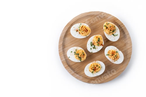 Preview: Homemade hard Boiled Deviled Eggs garnished with herbs