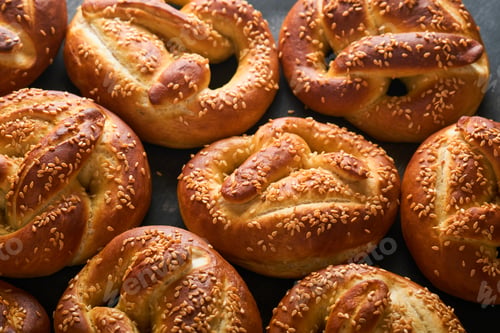 Preview: Bavarian pretzels and glass of lager beer. Oktoberfest food menu, traditional salted pretzels over o