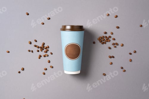 Preview: Coffee or tea paper cup, coffee beans on gray background. Top view, flat lay, copy space. Take away
