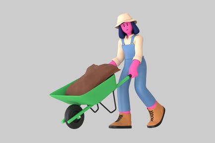 Visualização: Fazendeiro de desenhos animados com carrinho de mão e terra