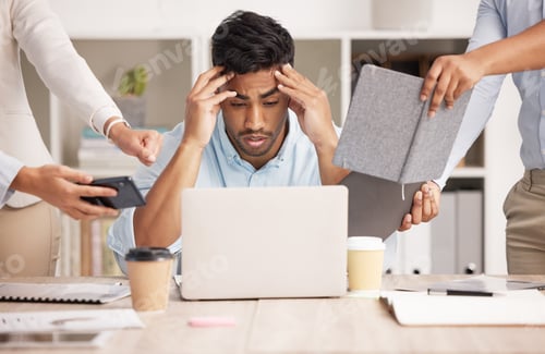 Preview: Headache, busy and businessman with stress from work, employees and burnout from planning in an off