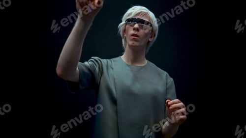 Preview: Fashionable man using vr glasses closeup. Focused millennial scrolling playing