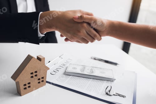 Preview: Home sales agents and buyers work on signing new homes and shaking hands.