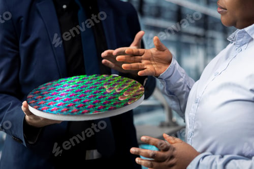 Preview: Researcher holding semiconductor substrate in factory, doing business meeting