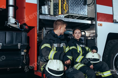 Preview: firefighters in protective uniform having conversation near truck at fire station