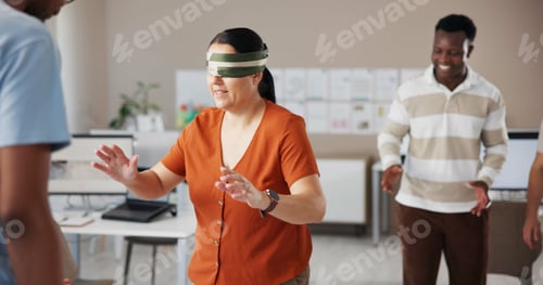 Preview: Blindfold, team building and trust with business people in office for communication skills developm
