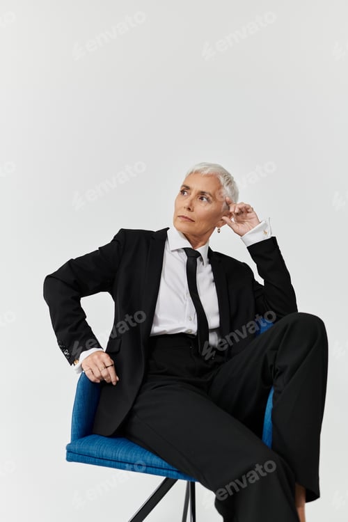 Preview: Confident Adult Woman in Stylish Suit Seated in Modern Chair Against Minimalist Backdrop