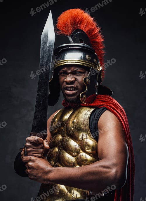 Preview: Angry roman soldier with sword against dark background