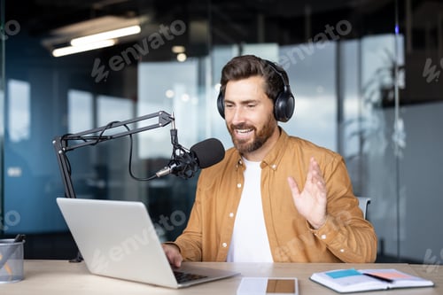Preview: Radio host broadcasting live in modern studio