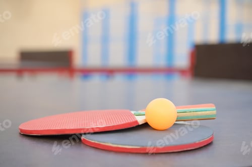 Preview: rackets and ball close up on Ping pong table in outdoor sport yard