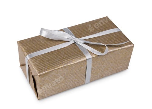 Preview: Christmas holiday gift box in golden paper isolated on white