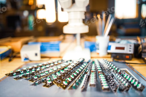 Preview: Modern microscope, Panel of LED light indicators is in the production