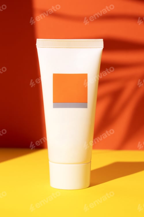 Preview: White plastic tube with face, hand and body cream on an orange background with palm leaves shadow.