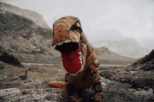 Preview: Man With dinosaur costume in a wild natural area