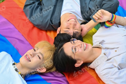 Preview: Above view shot of happy young LGBT friends lying on rainbow flag.