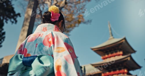 Preview: Woman, shinto temple and back with traditional clothes in culture, building or religion with vision