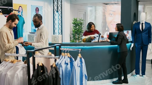 Preview: Asian client paying for clothes at store cash register