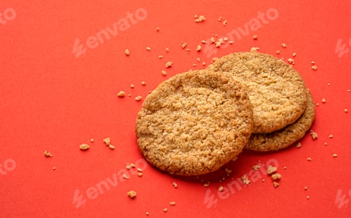 Preview: Two oatmeal cookies, top view with copy space