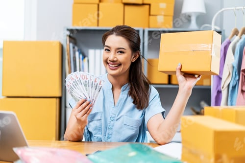 Preview: young Asian woman holding US dollars lot of money with box,she is happy and proud smile work at home