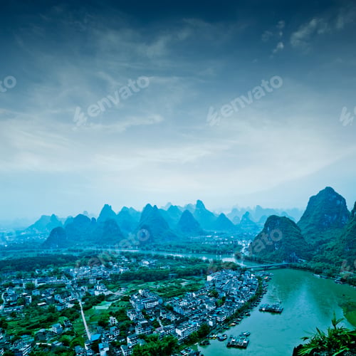 Landscape of River and Limestone Karst Mountains