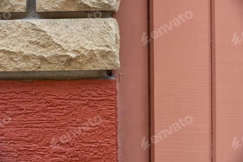 Preview: close-up view of bricks, red wall and wooden planks background