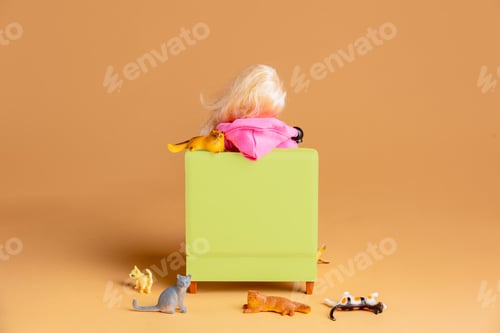 Preview: Cat lady with a lot cats in a armchair. Back side scene with dolls