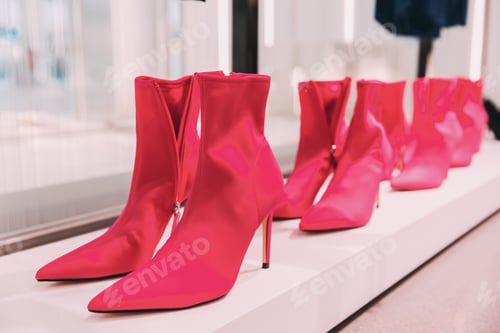 Preview: pink chamois female suede ankle boots on shelf display in shop mall store. velour boots. Store Of