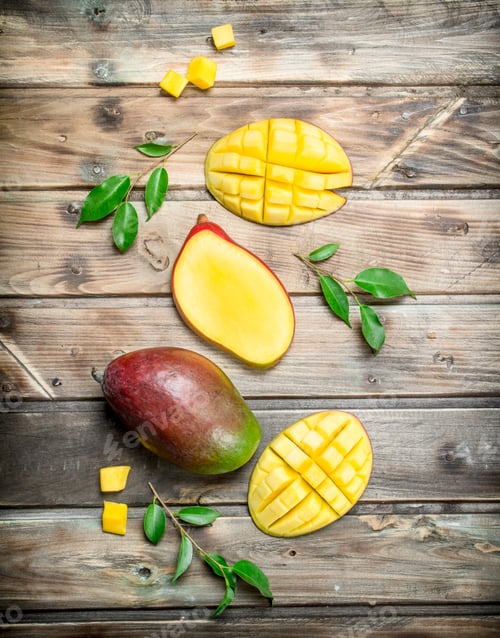 Preview: Pieces of mango with foliage.