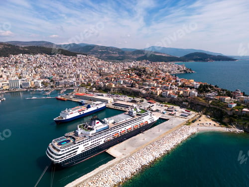 Preview: Aerial view cruise ship in port of Kavala. Visitors can enjoy breathtaking panoramas of the city's