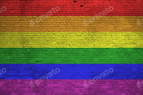 Preview: LGBT community flag depicted in paint colors on old brick wall close up