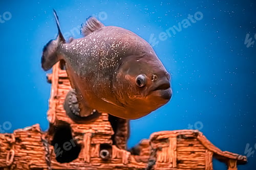Preview: Aggressive piranha Pygocentrus nattereri in blue water. Soft focus.