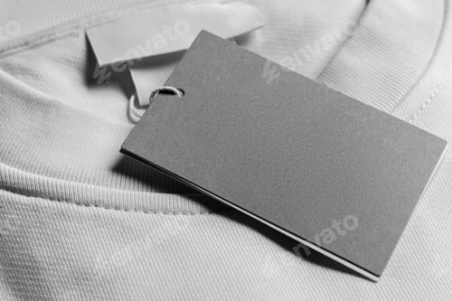 Preview: Close-up of a blank tag on white clothing. Resource for mockup design.