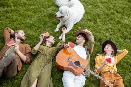 Preview: Friends lying together on the green lawn
